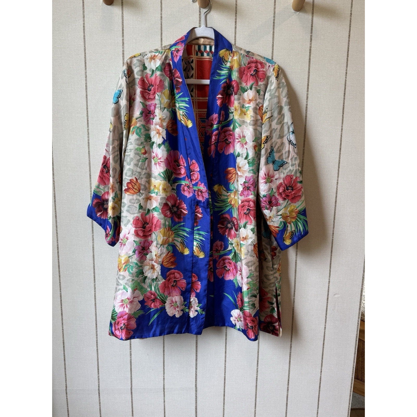 Johnny Was Ridge Gianni Silk Kimono Reversible Floral Medium Red 3/4 Boho Resort